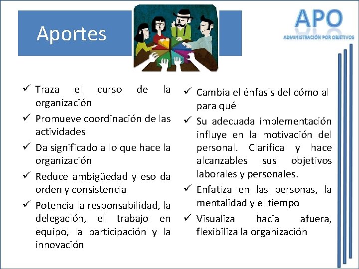 Aportes ü Traza el curso de la organización ü Promueve coordinación de las actividades