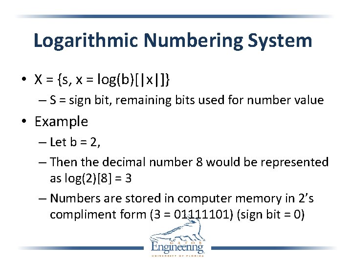 Logarithmic Numbering System • X = {s, x = log(b)[|x|]} – S = sign
