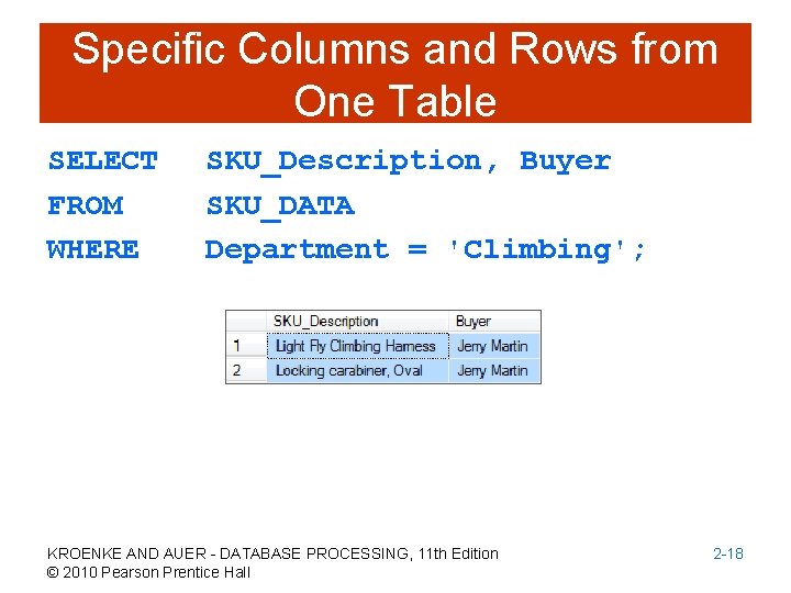 Specific Columns and Rows from One Table SELECT FROM WHERE SKU_Description, Buyer SKU_DATA Department