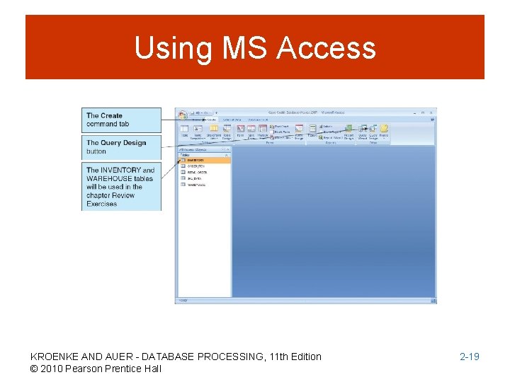 Using MS Access KROENKE AND AUER - DATABASE PROCESSING, 11 th Edition © 2010