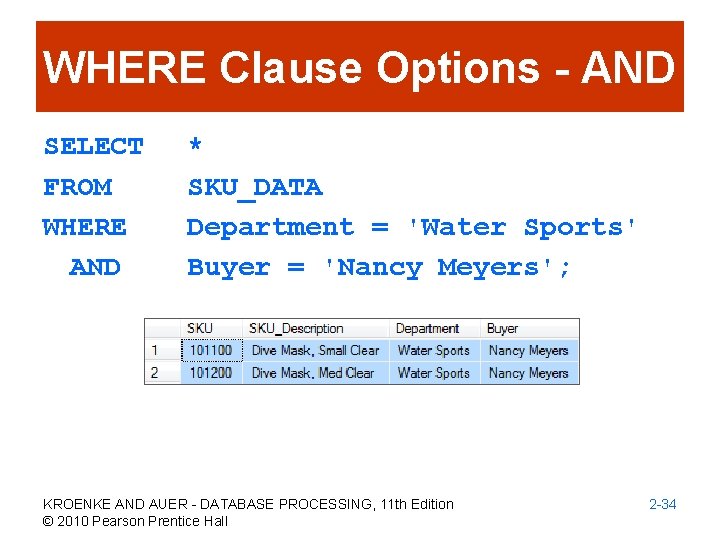 WHERE Clause Options - AND SELECT FROM WHERE AND * SKU_DATA Department = 'Water