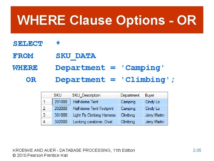 WHERE Clause Options - OR SELECT FROM WHERE OR * SKU_DATA Department = 'Camping'