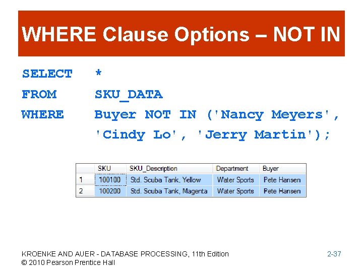 WHERE Clause Options – NOT IN SELECT FROM WHERE * SKU_DATA Buyer NOT IN