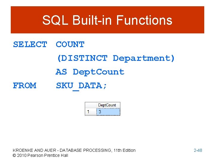 SQL Built-in Functions SELECT COUNT (DISTINCT Department) AS Dept. Count FROM SKU_DATA; KROENKE AND