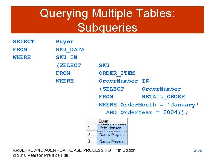 Querying Multiple Tables: Subqueries SELECT FROM WHERE Buyer SKU_DATA SKU IN (SELECT FROM WHERE