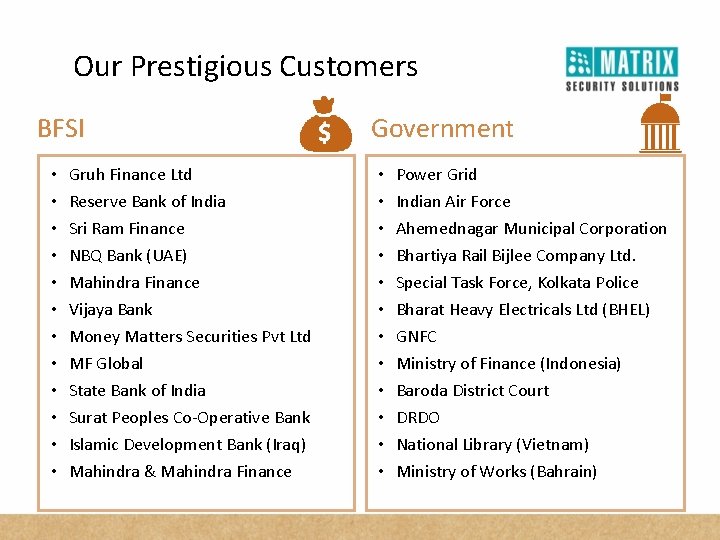Our Prestigious Customers BFSI • • • Gruh Finance Ltd Reserve Bank of India