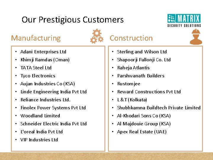 Our Prestigious Customers Manufacturing • • • Adani Enterprises Ltd Khimji Ramdas (Oman) TATA