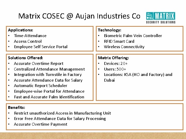 Matrix COSEC @ Aujan Industries Co Applications: • Time-Attendance • Access Control • Employee