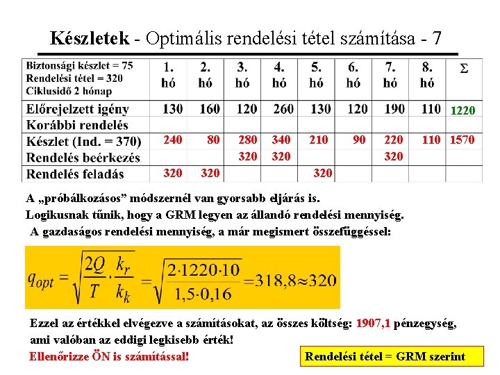 Készletek - Optimális rendelési tétel számítása - 7 1220 240 80 320 280 320