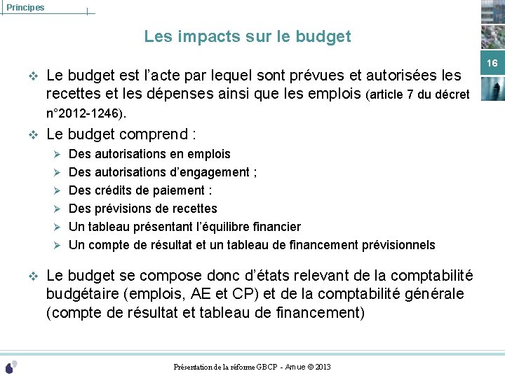 Principes Les impacts sur le budget Le budget est l’acte par lequel sont prévues