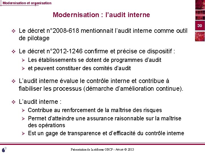 Modernisation et organisation Modernisation : l’audit interne v Le décret n° 2008 -618 mentionnait