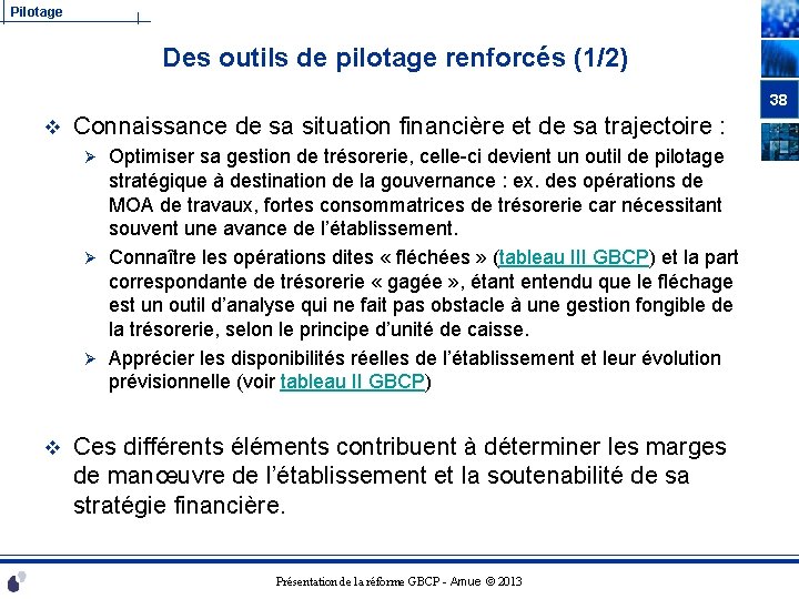 Pilotage Des outils de pilotage renforcés (1/2) 38 v Connaissance de sa situation financière