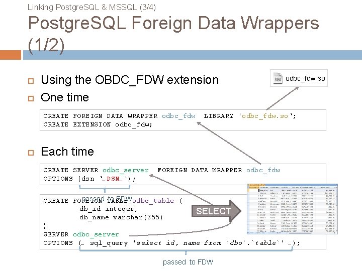 Linking Postgre. SQL & MSSQL (3/4) Postgre. SQL Foreign Data Wrappers (1/2) Using the Linking Postgre. SQL & MSSQL (3/4) Postgre. SQL Foreign Data Wrappers (1/2) Using the