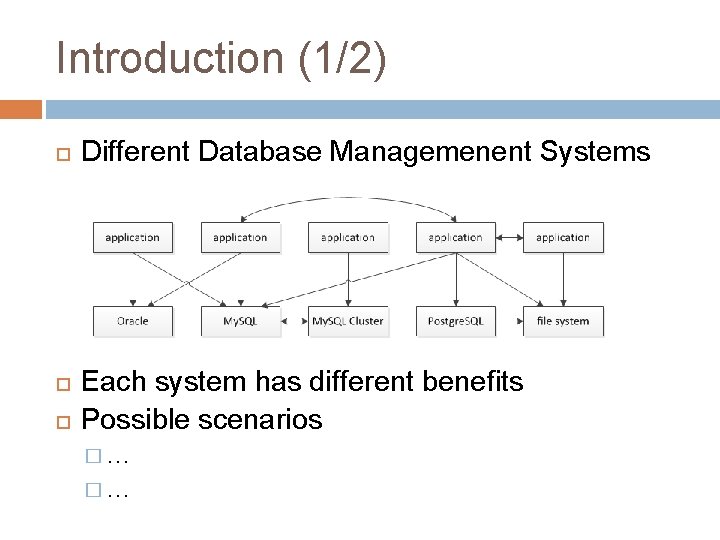 Introduction (1/2) Different Database Managemenent Systems Each system has different benefits Possible scenarios �… Introduction (1/2) Different Database Managemenent Systems Each system has different benefits Possible scenarios �…