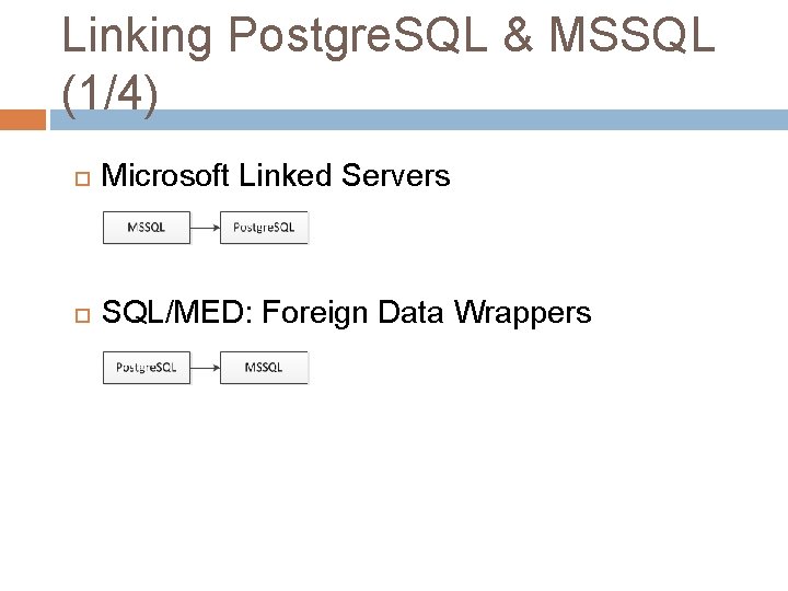 Linking Postgre. SQL & MSSQL (1/4) Microsoft Linked Servers SQL/MED: Foreign Data Wrappers Linking Postgre. SQL & MSSQL (1/4) Microsoft Linked Servers SQL/MED: Foreign Data Wrappers