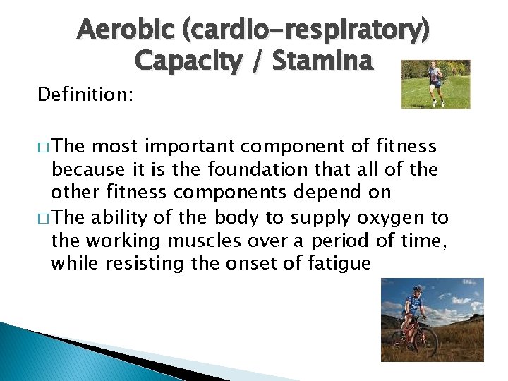 Aerobic (cardio-respiratory) Capacity / Stamina Definition: � The most important component of fitness because