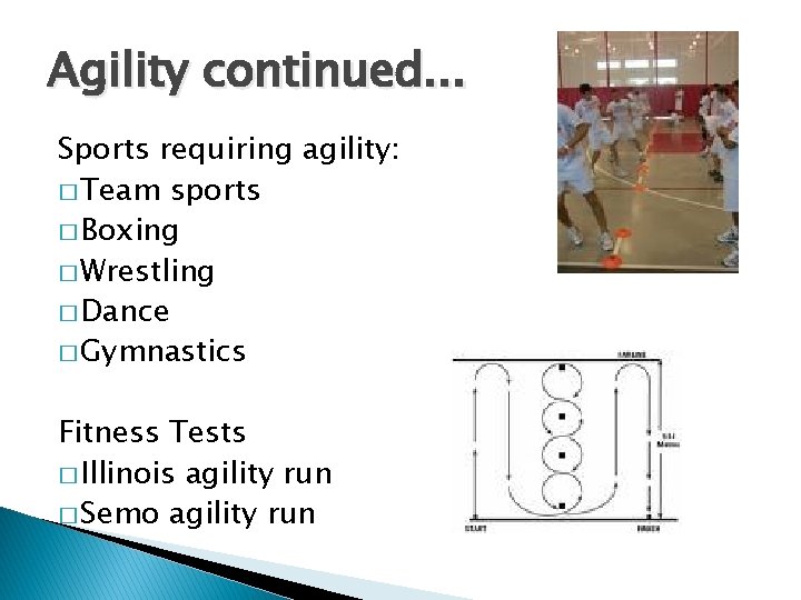 Agility continued. . . Sports requiring agility: � Team sports � Boxing � Wrestling