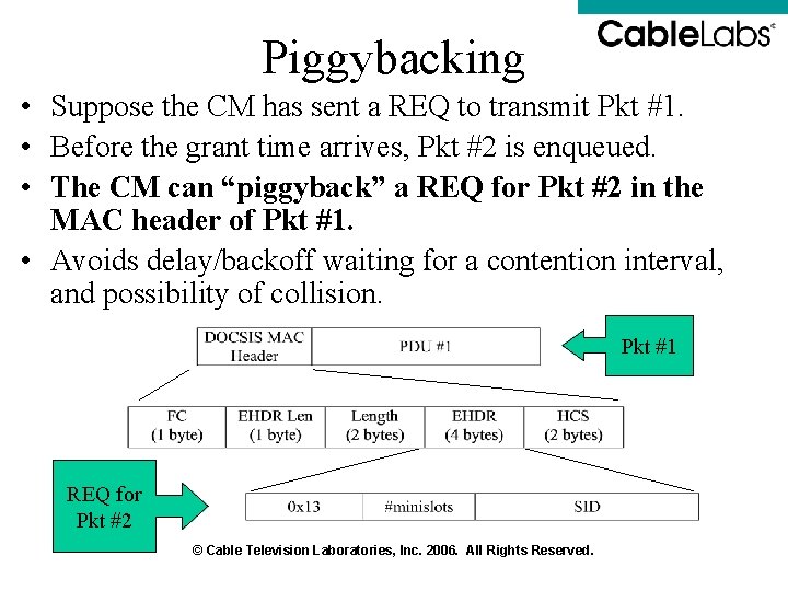Piggybacking • Suppose the CM has sent a REQ to transmit Pkt #1. • Piggybacking • Suppose the CM has sent a REQ to transmit Pkt #1. •