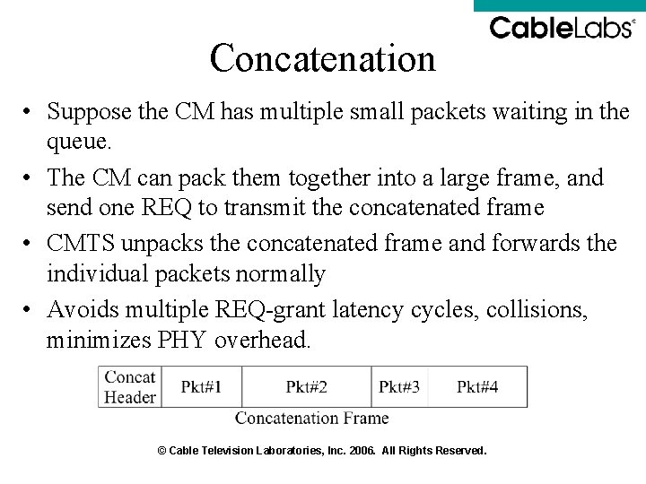 Concatenation • Suppose the CM has multiple small packets waiting in the queue. • Concatenation • Suppose the CM has multiple small packets waiting in the queue. •