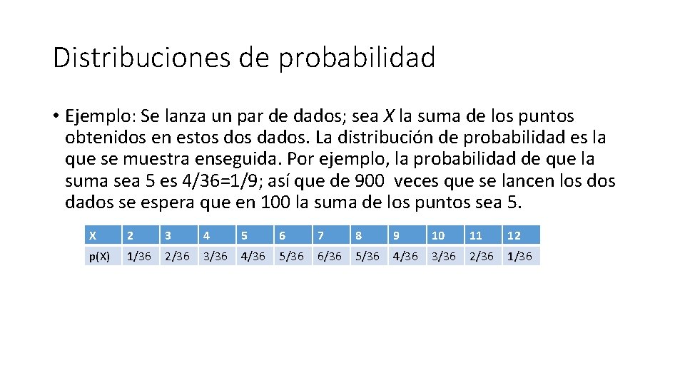 Distribuciones de probabilidad • Ejemplo: Se lanza un par de dados; sea X la