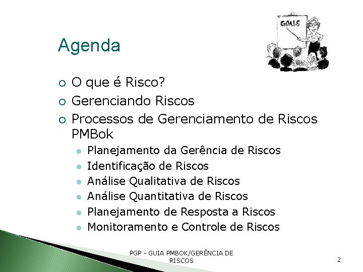 Agenda O que é Risco? Gerenciando Riscos Processos de Gerenciamento de Riscos PMBok Planejamento