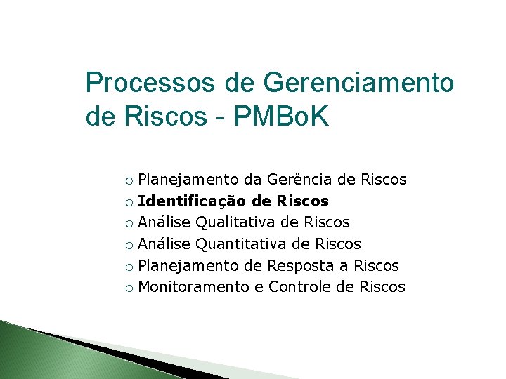 Processos de Gerenciamento de Riscos - PMBo. K Planejamento da Gerência de Riscos Identificação