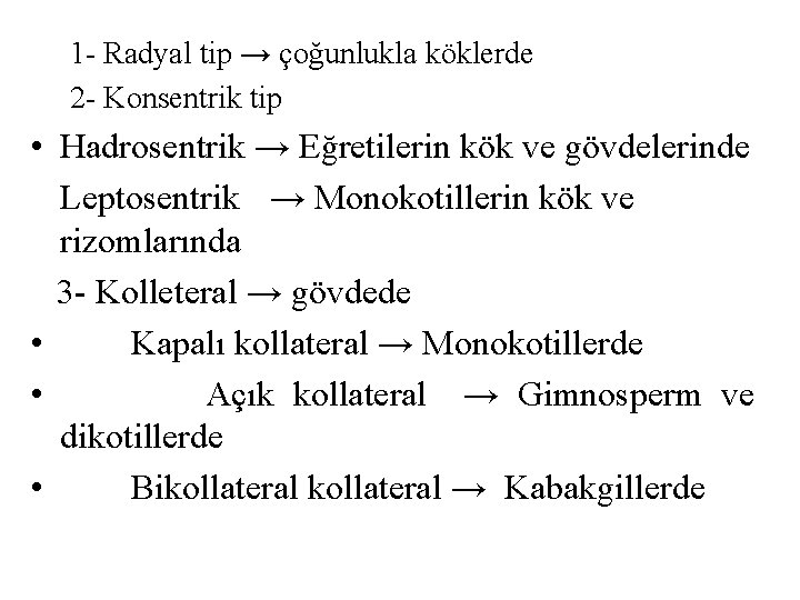 1 - Radyal tip → çoğunlukla köklerde 2 - Konsentrik tip • Hadrosentrik →