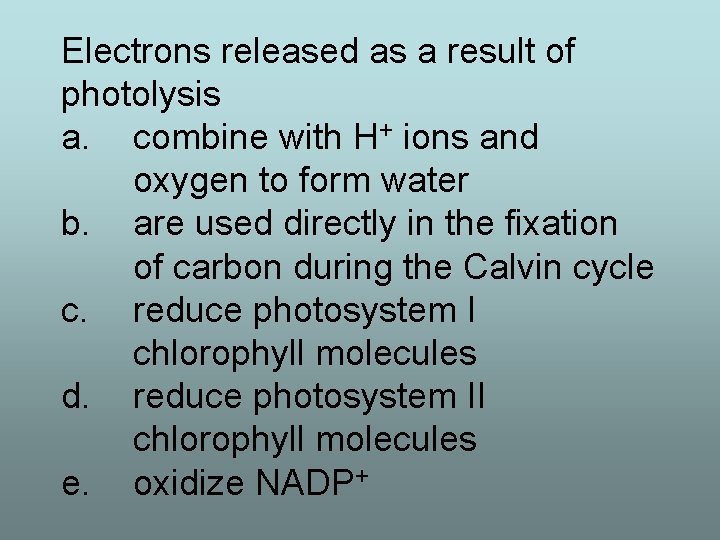 Electrons released as a result of photolysis a. combine with H+ ions and oxygen