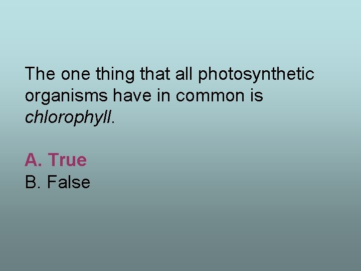 The one thing that all photosynthetic organisms have in common is chlorophyll. A. True