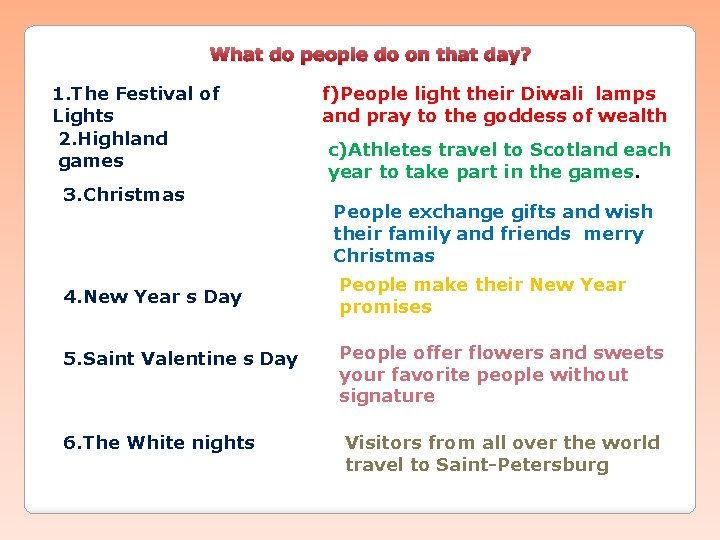 What do people do on that day? 1. The Festival of Lights 2. Highland