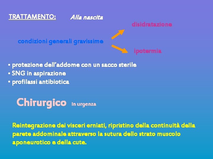 TRATTAMENTO: Alla nascita disidratazione condizioni generali gravissime ipotermia • protezione dell’addome con un sacco