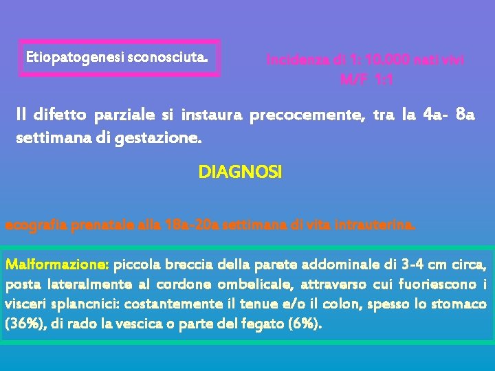 Etiopatogenesi sconosciuta. Incidenza di 1: 10. 000 nati vivi M/F 1: 1 Il difetto