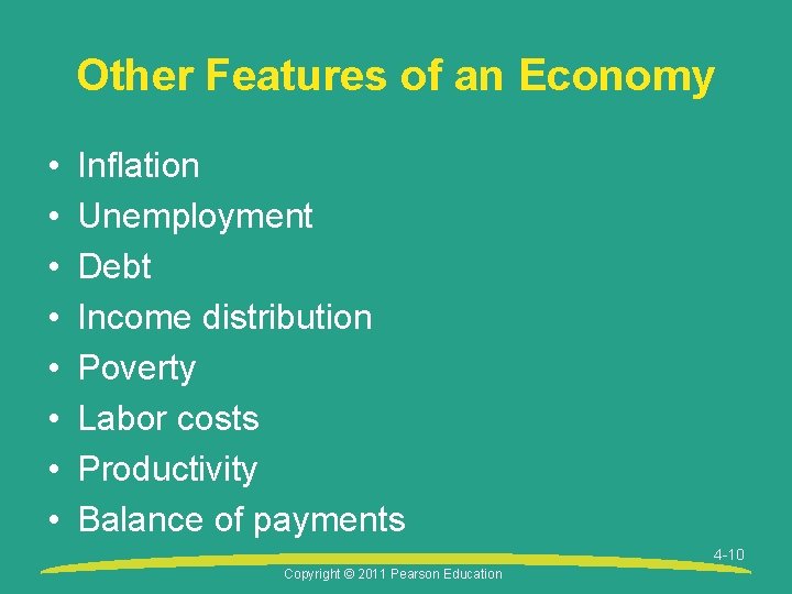 Other Features of an Economy • • Inflation Unemployment Debt Income distribution Poverty Labor