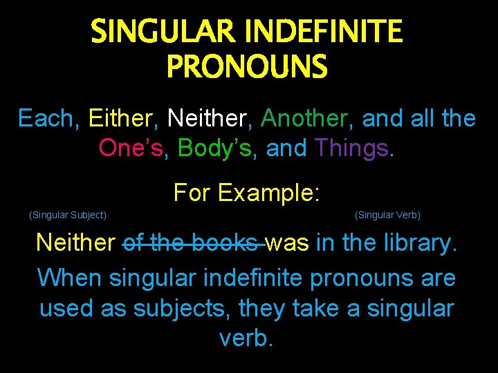 SINGULAR INDEFINITE PRONOUNS Each, Either, Neither, Another, and all the One’s, Body’s, and Things.