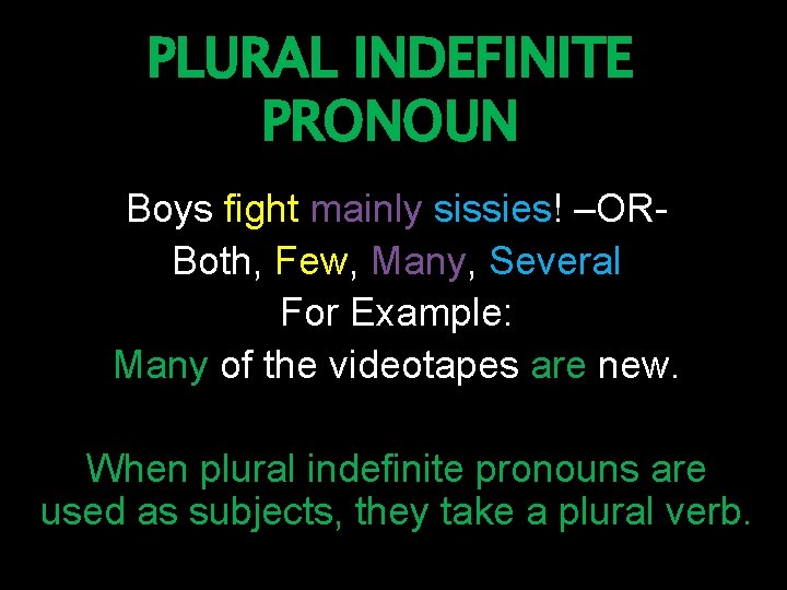 PLURAL INDEFINITE PRONOUN Boys fight mainly sissies! –ORBoth, Few, Many, Several For Example: Many