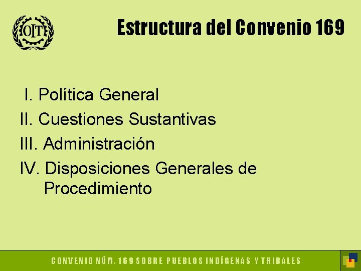 Estructura del Convenio 169 I. Política General II. Cuestiones Sustantivas III. Administración IV. Disposiciones