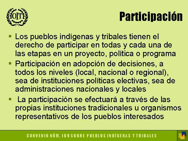 Participación § Los pueblos indígenas y tribales tienen el derecho de participar en todas