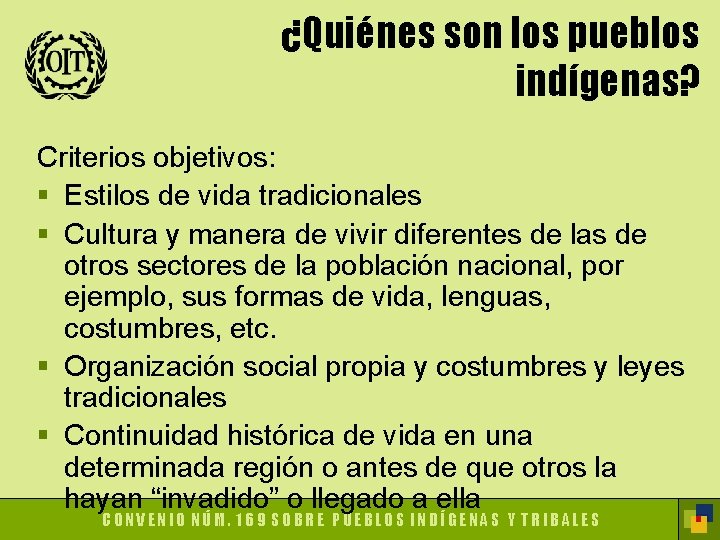 ¿Quiénes son los pueblos indígenas? Criterios objetivos: § Estilos de vida tradicionales § Cultura