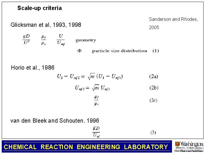 Scale-up criteria Glicksman et al, 1993, 1998 Sanderson and Rhodes, 2005 Horio et al.