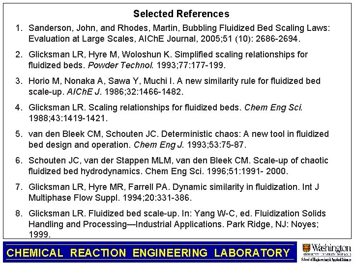 Selected References 1. Sanderson, John, and Rhodes, Martin, Bubbling Fluidized Bed Scaling Laws: Evaluation