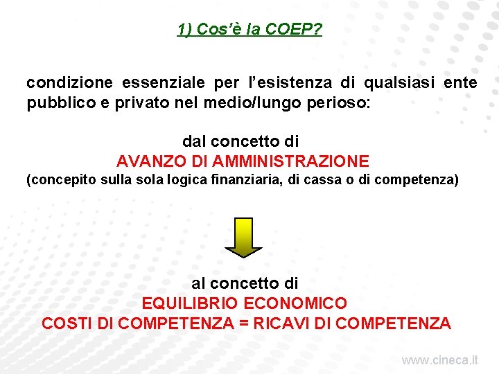 1) Cos’è la COEP? condizione essenziale per l’esistenza di qualsiasi ente pubblico e privato