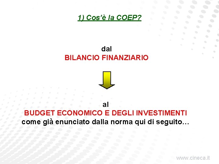 1) Cos’è la COEP? dal BILANCIO FINANZIARIO al BUDGET ECONOMICO E DEGLI INVESTIMENTI come