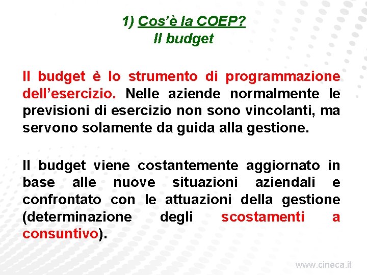 1) Cos’è la COEP? Il budget è lo strumento di programmazione dell’esercizio. Nelle aziende