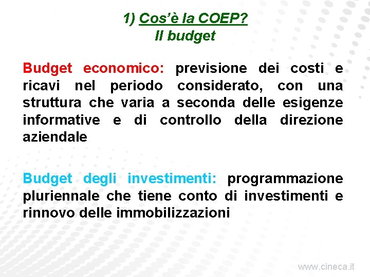 1) Cos’è la COEP? Il budget Budget economico: previsione dei costi e ricavi nel