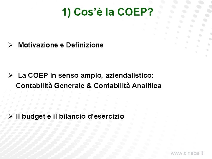 1) Cos’è la COEP? Ø Motivazione e Definizione Ø La COEP in senso ampio,