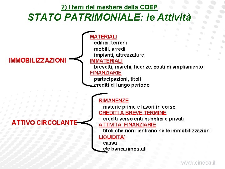 2) I ferri del mestiere della COEP STATO PATRIMONIALE: le Attività IMMOBILIZZAZIONI ATTIVO CIRCOLANTE