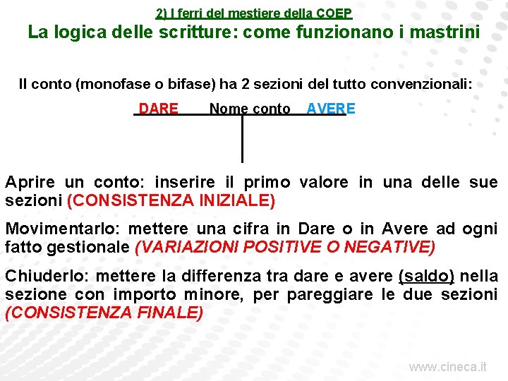 2) I ferri del mestiere della COEP La logica delle scritture: come funzionano i