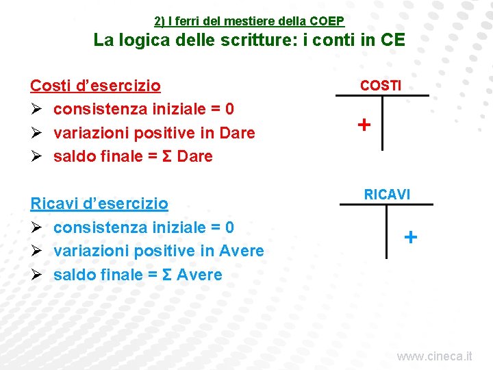 2) I ferri del mestiere della COEP La logica delle scritture: i conti in