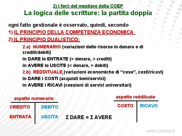 2) I ferri del mestiere della COEP La logica delle scritture: la partita doppia