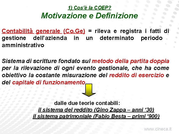 1) Cos’è la COEP? Motivazione e Definizione Contabilità generale (Co. Ge) = rileva e